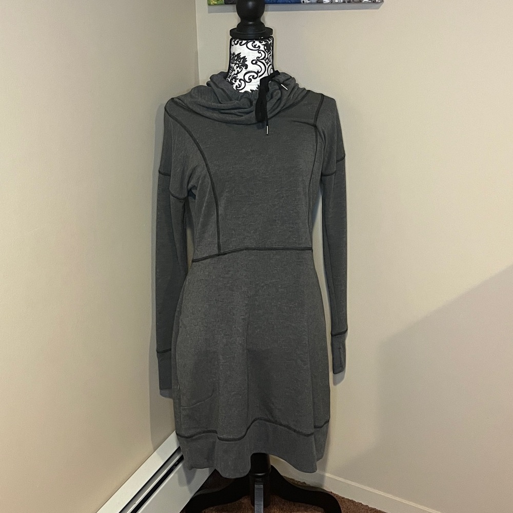 Grey cowl neck dress.